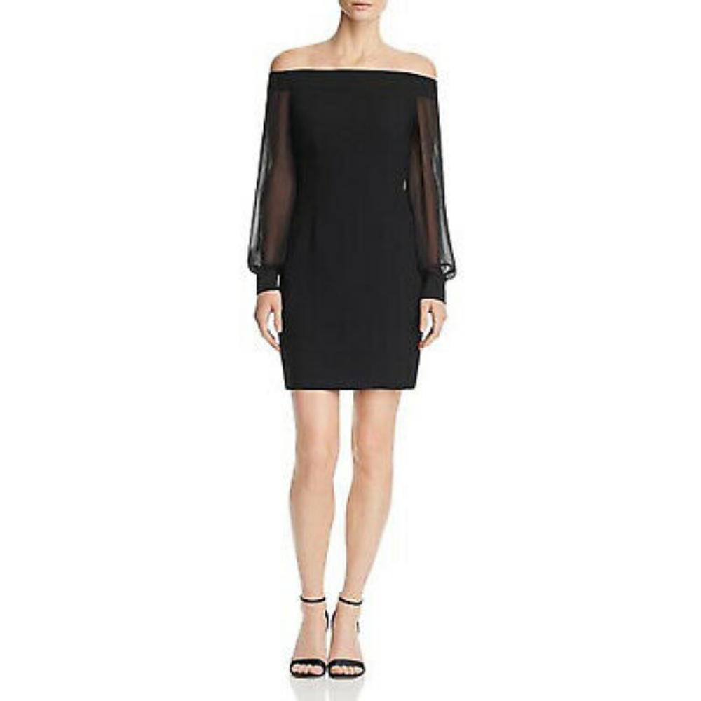 NWT Aidan by Aidan Mattox Off Shoulder Crepe Shear Mini Dress Black, Size 2